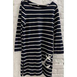 J Crew Dress Navy Blue White Cotton Blend Striped Long Sleeve Anchor Medium